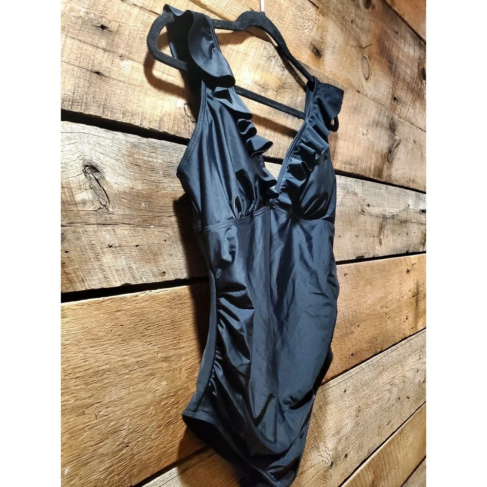 Summer Mae Black Ruffle V-Neck Maternity One-Piece Swimsuit, Size Large